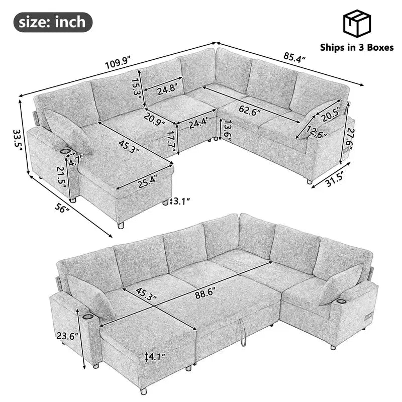 Whisen 109.9 Divano Sezionale Versatile Divano Letto Divano Trasformabile a U con Ampio Spazio di Archiviazione