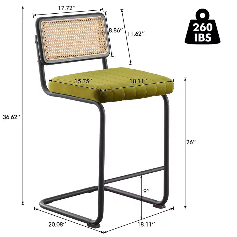 Bekrvio 26 Sgabelli da Bar Altezza Contatore - Rattan, Rivestimento in Velluto con Schienale in Cannetta & Struttura in Metallo, Sgabelli da Cucina Moderni di Metà Secolo per Isola da Cucina