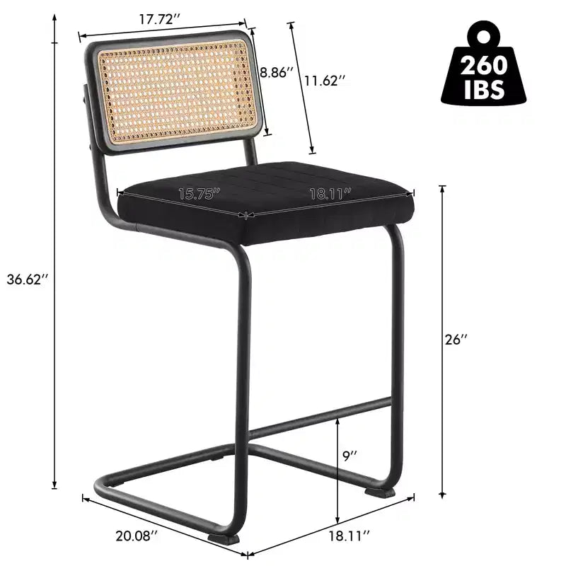 Bekrvio 26 Sgabelli da Bar Altezza Contatore - Rattan, Rivestimento in Velluto con Schienale in Cannetta & Struttura in Metallo, Sgabelli da Cucina Moderni di Metà Secolo per Isola da Cucina