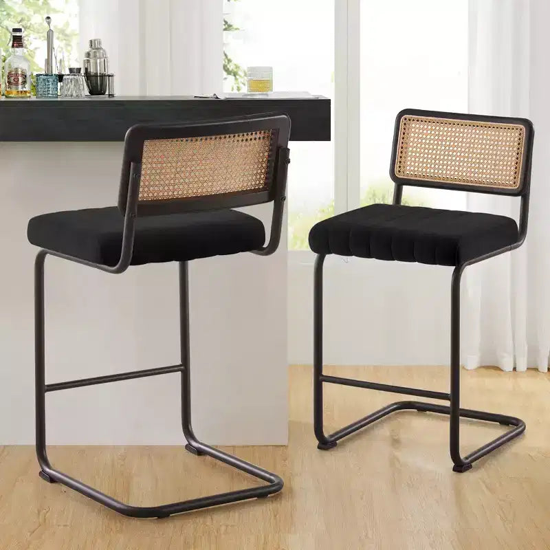 Bekrvio 26 Sgabelli da Bar Altezza Contatore - Rattan, Rivestimento in Velluto con Schienale in Cannetta & Struttura in Metallo, Sgabelli da Cucina Moderni di Metà Secolo per Isola da Cucina