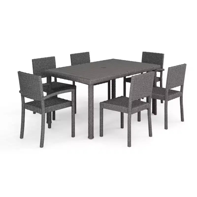 Set da pranzo Martha Stewart Bedford da 7 pezzi per interni ed esterni con 6 sedie impilabili e tavolo da patio da 62 pollici con piano in legno composito in vimini di rattan