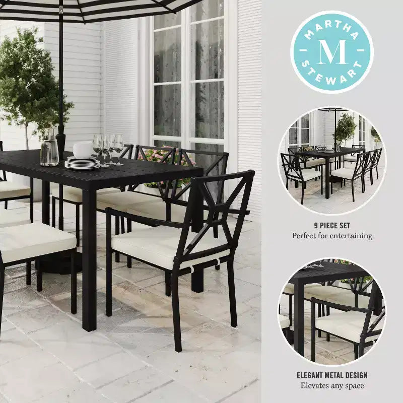 Martha Stewart 9-Piece Steel Patio Dining Set with 8 Stackable Chairs and 71 Table in Black