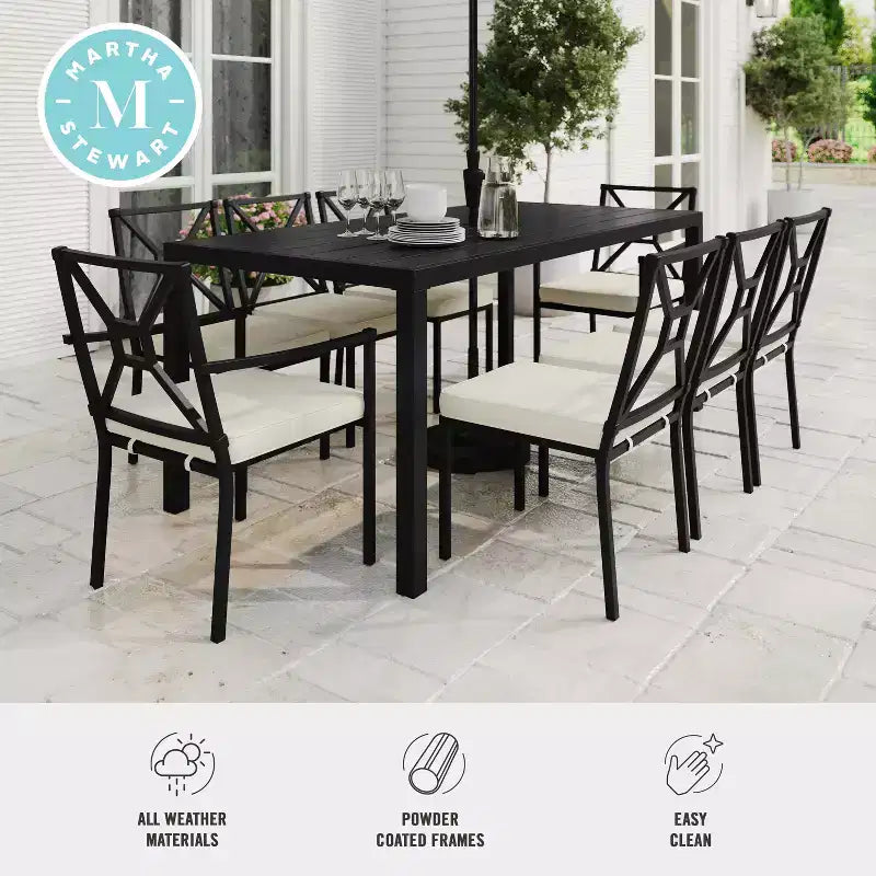 Martha Stewart 9-Piece Steel Patio Dining Set with 8 Stackable Chairs and 71 Table in Black