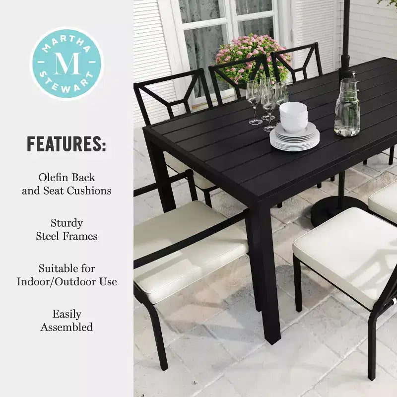 Martha Stewart 9-Piece Steel Patio Dining Set with 8 Stackable Chairs and 71 Table in Black
