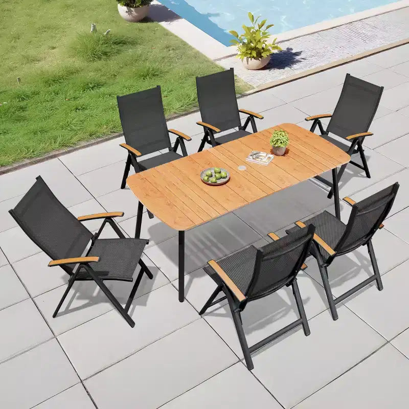 Crestlive Products Set da pranzo da esterno 7 pezzi Tavolo rettangolare da patio con sedie pieghevoli Struttura in alluminio con piano del tavolo effetto legno e foro per ombrellone