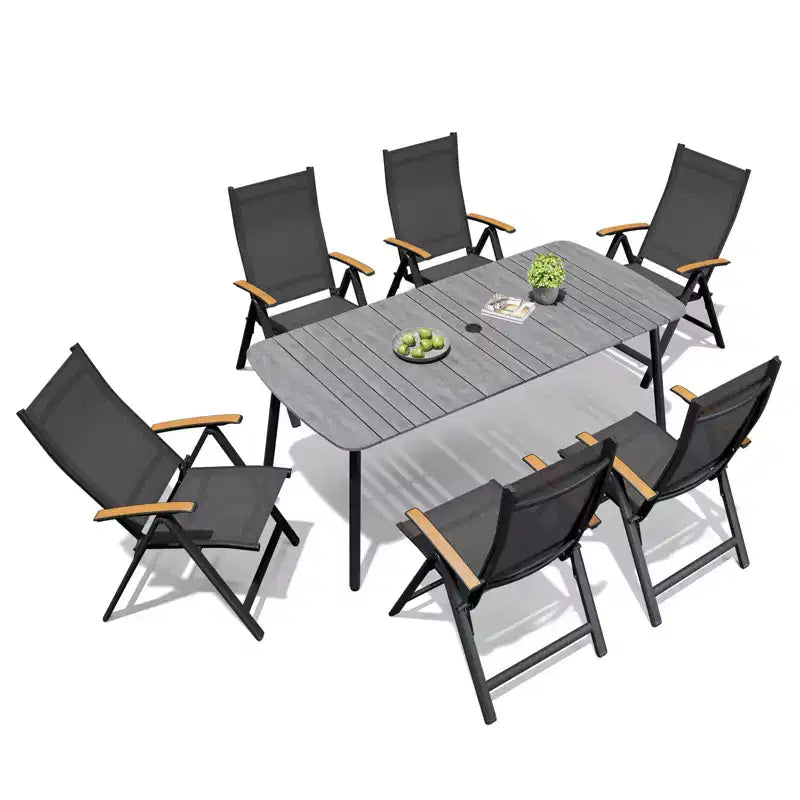 Crestlive Products Set da pranzo da esterno 7 pezzi Tavolo rettangolare da patio con sedie pieghevoli Struttura in alluminio con piano del tavolo effetto legno e foro per ombrellone