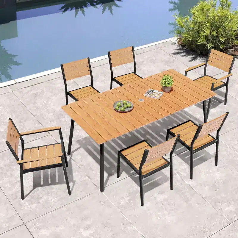 Crestlive Products Set da pranzo da esterno in alluminio 7 pezzi, tavolo da 183 cm e 6 sedie con piano in legno sintetico e foro per ombrellone, per bordo piscina o giardino