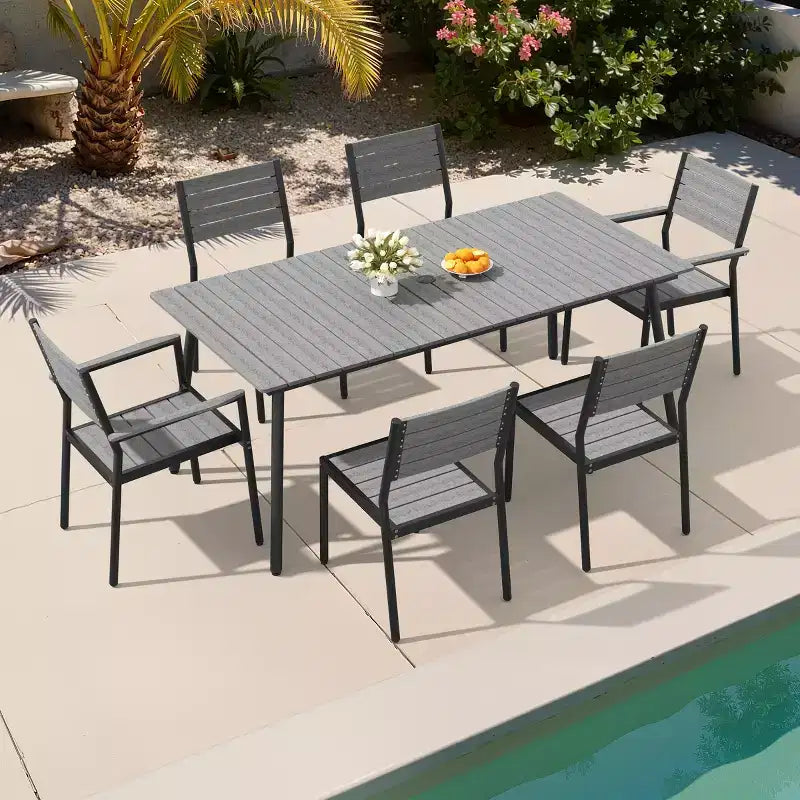 Crestlive Products Set da pranzo da esterno in alluminio 7 pezzi, tavolo da 183 cm e 6 sedie con piano in legno sintetico e foro per ombrellone, per bordo piscina o giardino
