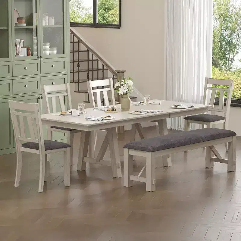 Set da pranzo allungabile rustico VECELO a 6 pezzi, tavolo in legno di caucciù con 4 sedie da pranzo imbottite senza braccioli e panca per cucina, grigio