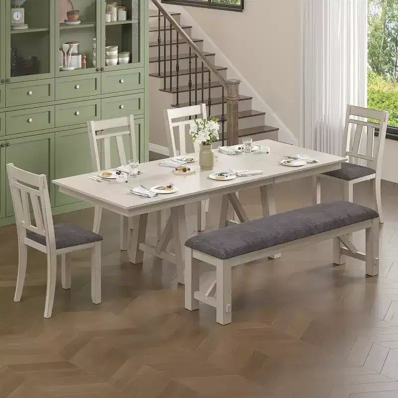 Set da pranzo allungabile rustico VECELO a 6 pezzi, tavolo in legno di caucciù con 4 sedie da pranzo imbottite senza braccioli e panca per cucina, grigio