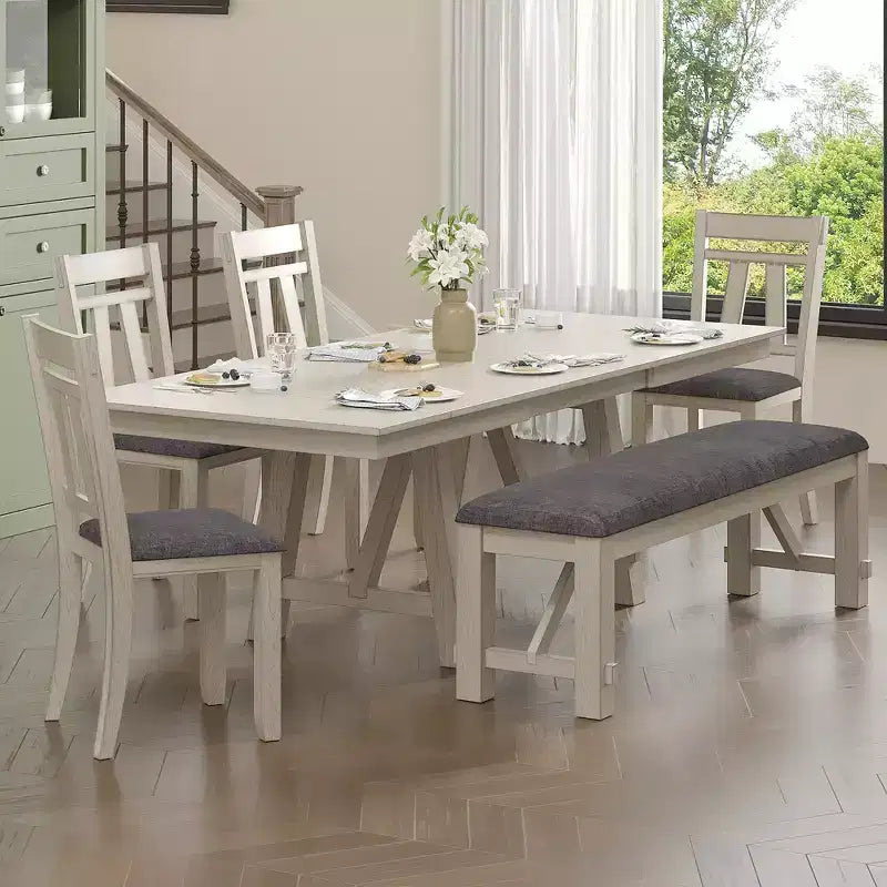 Set da pranzo allungabile rustico VECELO a 6 pezzi, tavolo in legno di caucciù con 4 sedie da pranzo imbottite senza braccioli e panca per cucina, grigio