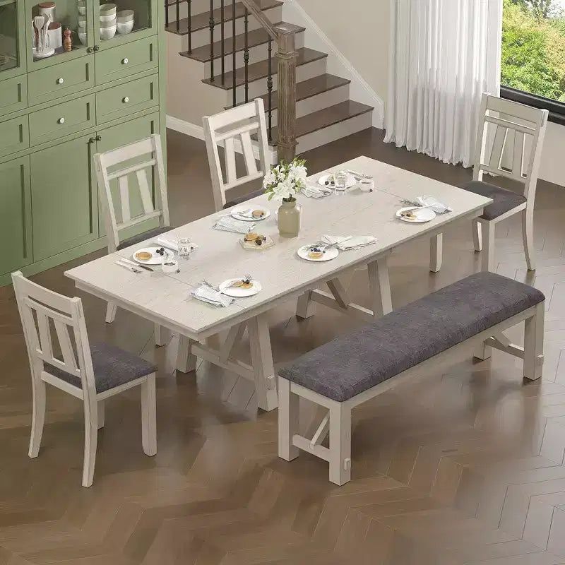 Set da pranzo allungabile rustico VECELO a 6 pezzi, tavolo in legno di caucciù con 4 sedie da pranzo imbottite senza braccioli e panca per cucina, grigio