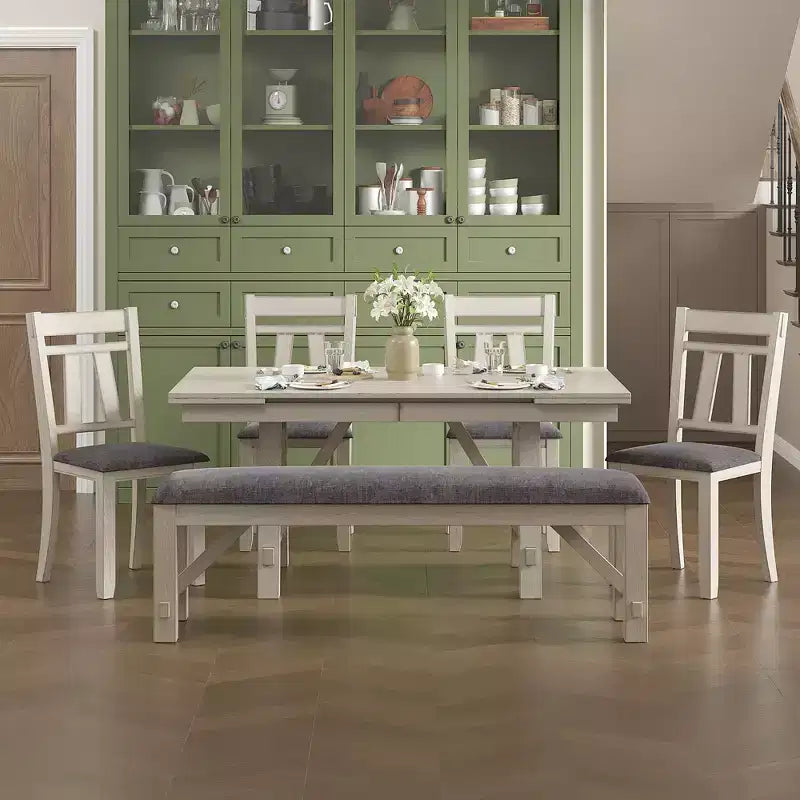 Set da pranzo allungabile rustico VECELO a 6 pezzi, tavolo in legno di caucciù con 4 sedie da pranzo imbottite senza braccioli e panca per cucina, grigio