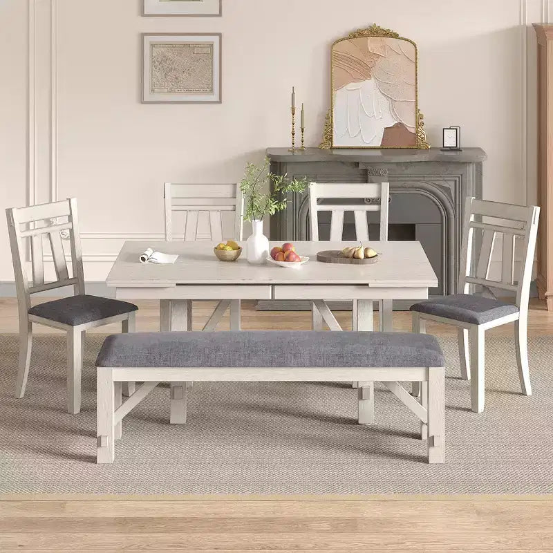 Set da pranzo allungabile rustico VECELO a 6 pezzi, tavolo in legno di caucciù con 4 sedie da pranzo imbottite senza braccioli e panca per cucina, grigio