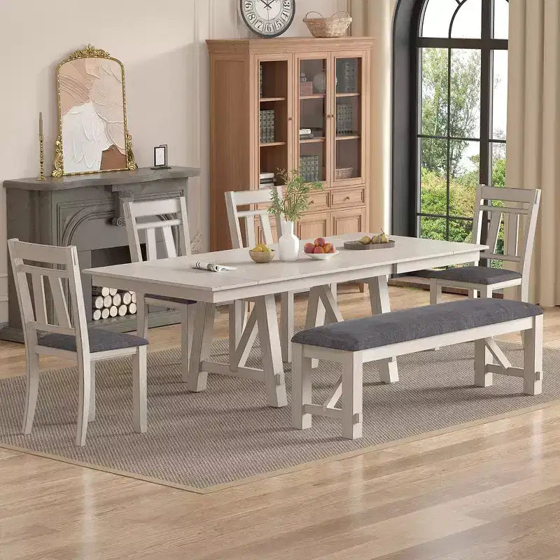 Set da pranzo allungabile rustico VECELO a 6 pezzi, tavolo in legno di caucciù con 4 sedie da pranzo imbottite senza braccioli e panca per cucina, grigio