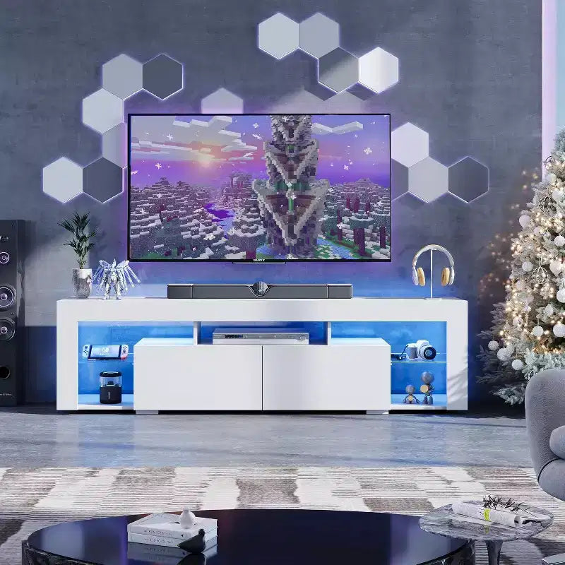 GALAXHERO Mobile TV 63 pollici per TV da 55/60/65/70 pollici, centro di intrattenimento moderno con ripiani aperti, console TV in legno con 2 cassetti portaoggetti, nero