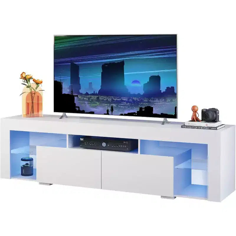 GALAXHERO Mobile TV 63 pollici per TV da 55/60/65/70 pollici, centro di intrattenimento moderno con ripiani aperti, console TV in legno con 2 cassetti portaoggetti, nero