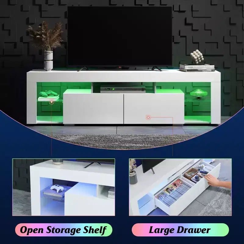 GALAXHERO Mobile TV 63 pollici per TV da 55/60/65/70 pollici, centro di intrattenimento moderno con ripiani aperti, console TV in legno con 2 cassetti portaoggetti, nero