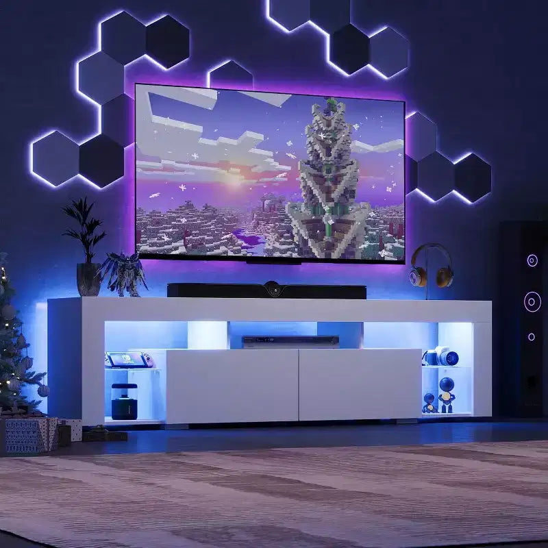 GALAXHERO Mobile TV 63 pollici per TV da 55/60/65/70 pollici, centro di intrattenimento moderno con ripiani aperti, console TV in legno con 2 cassetti portaoggetti, nero