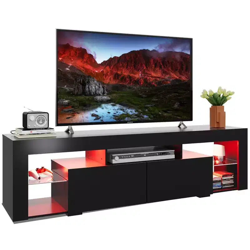 GALAXHERO Mobile TV 63 pollici per TV da 55/60/65/70 pollici, centro di intrattenimento moderno con ripiani aperti, console TV in legno con 2 cassetti portaoggetti, nero