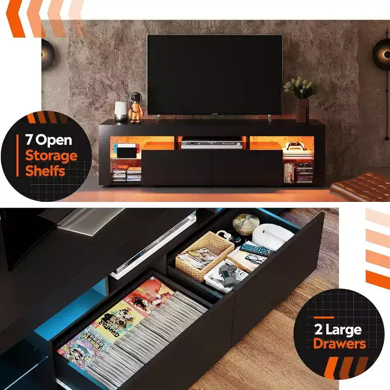 GALAXHERO Mobile TV 63 pollici per TV da 55/60/65/70 pollici, centro di intrattenimento moderno con ripiani aperti, console TV in legno con 2 cassetti portaoggetti, nero