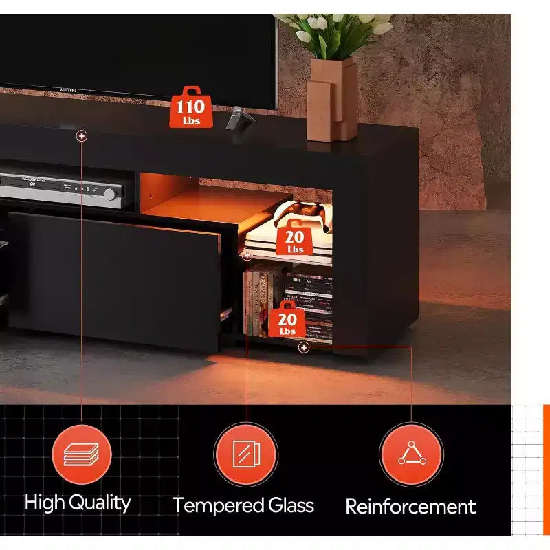 GALAXHERO Mobile TV 63 pollici per TV da 55/60/65/70 pollici, centro di intrattenimento moderno con ripiani aperti, console TV in legno con 2 cassetti portaoggetti, nero