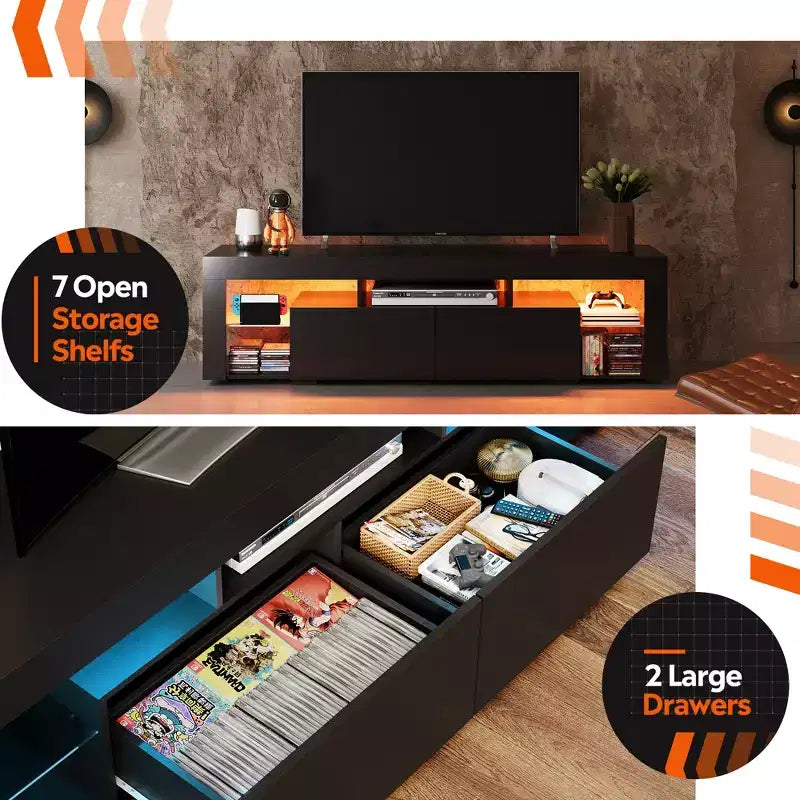 GALAXHERO Mobile TV 63 pollici per TV da 55/60/65/70 pollici, centro di intrattenimento moderno con ripiani aperti, console TV in legno con 2 cassetti portaoggetti, nero