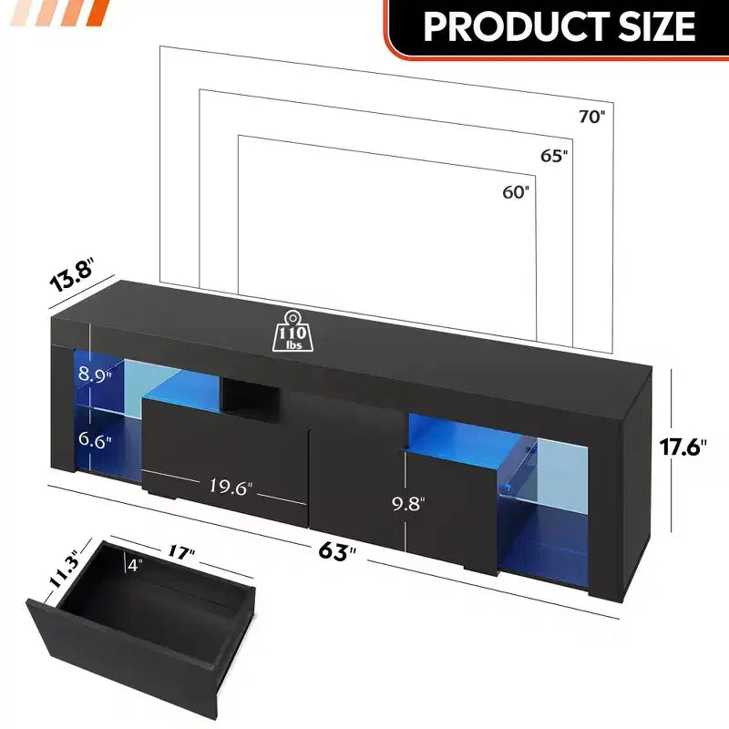 GALAXHERO Mobile TV 63 pollici per TV da 55/60/65/70 pollici, centro di intrattenimento moderno con ripiani aperti, console TV in legno con 2 cassetti portaoggetti, nero