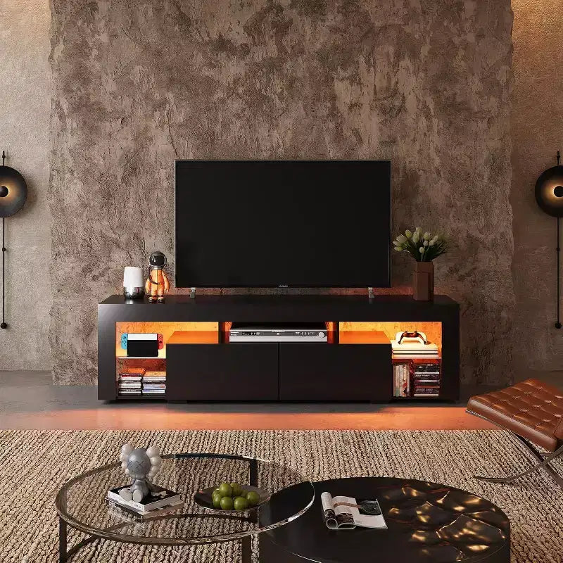 GALAXHERO Mobile TV 63 pollici per TV da 55/60/65/70 pollici, centro di intrattenimento moderno con ripiani aperti, console TV in legno con 2 cassetti portaoggetti, nero