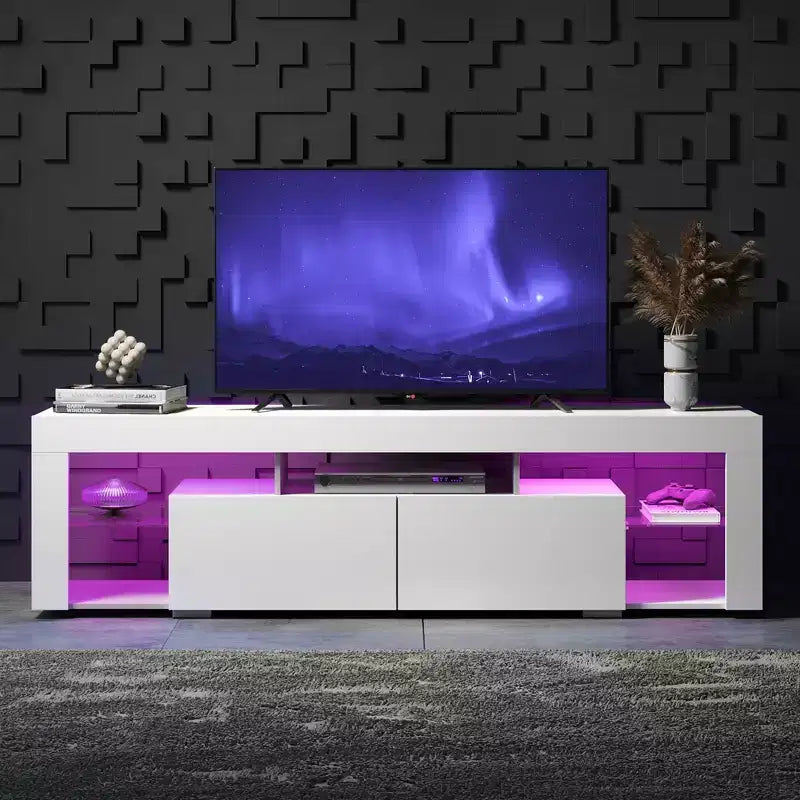 GALAXHERO Mobile TV 63 pollici per TV da 55/60/65/70 pollici, centro di intrattenimento moderno con ripiani aperti, console TV in legno con 2 cassetti portaoggetti, nero