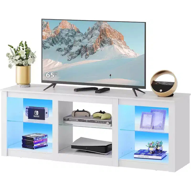 GALAXHERO Mobile TV con Luci LED per TV fino a 65 pollici, Centro di Intrattenimento con Ripiani in Vetro, Consolle TV Moderna per Soggiorno, Bianco