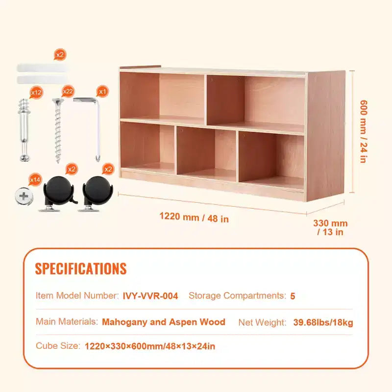 Mobile VEVOR Cubby Cassettiera, Scaffale Cubby a 5 Scomparti, Mobile Contenitore a 2 Ripiani, Armadietti per Aula, Naturale