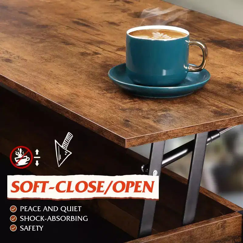 Tavolino da Salotto, 41.3 Tavolino da Caffè Sollevabile con 4 Ruote, Vano Nascosto, Scaffale Portaoggetti e Piano Sollevabile