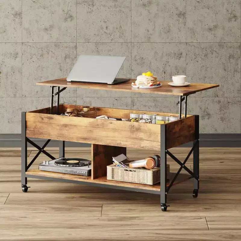 Tavolino da Salotto, 41.3 Tavolino da Caffè Sollevabile con 4 Ruote, Vano Nascosto, Scaffale Portaoggetti e Piano Sollevabile