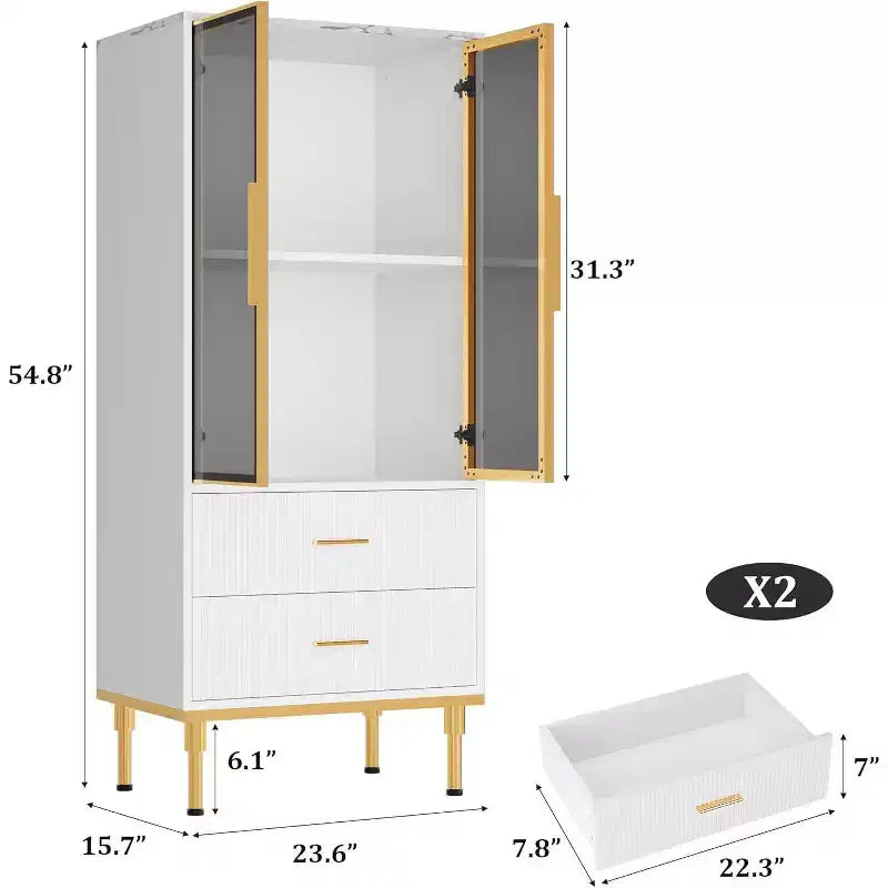 Credenza moderna scanalata con anta in vetro e 2 cassetti, ripiani regolabili, dettagli dorati, struttura in MDF per cucina, soggiorno, ufficio