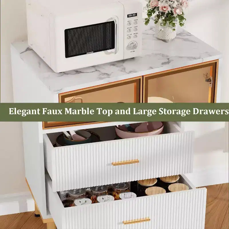 Credenza moderna scanalata con anta in vetro e 2 cassetti, ripiani regolabili, dettagli dorati, struttura in MDF per cucina, soggiorno, ufficio