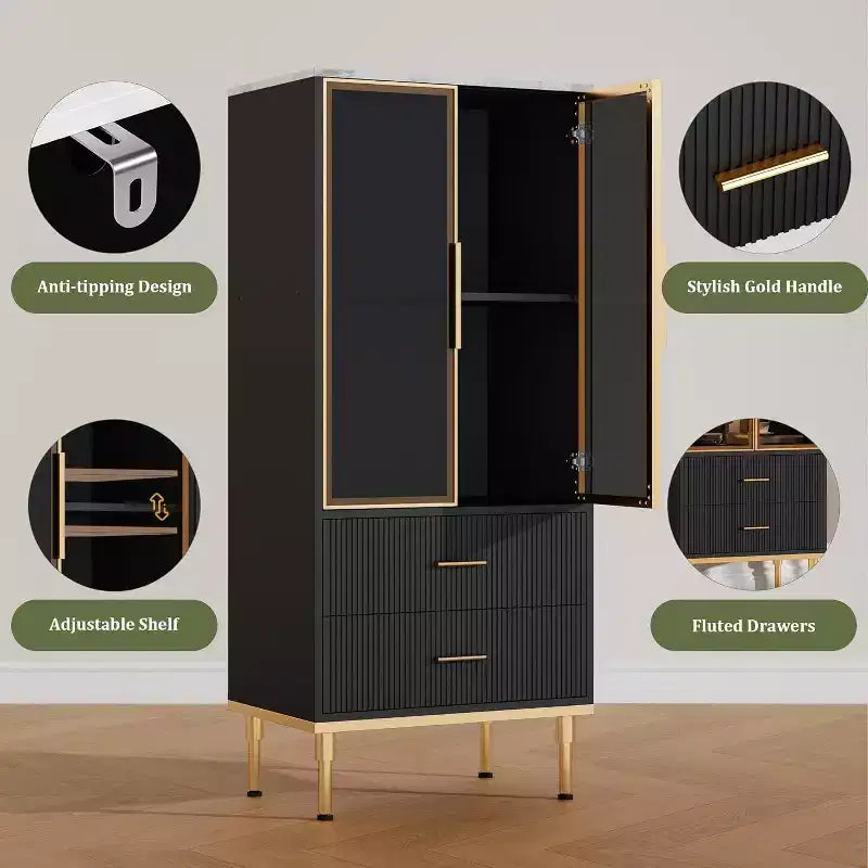Credenza moderna scanalata con anta in vetro e 2 cassetti, ripiani regolabili, dettagli dorati, struttura in MDF per cucina, soggiorno, ufficio