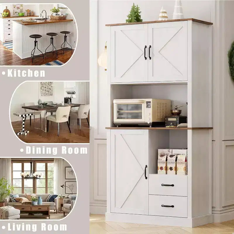 Mobile Dispensa da Cucina Elegante con Supporto per Microonde, Credenza Alta con Cassetti e Ripiani, Soluzione di Archiviazione Perfetta per Sala da Pranzo e Soggiorno