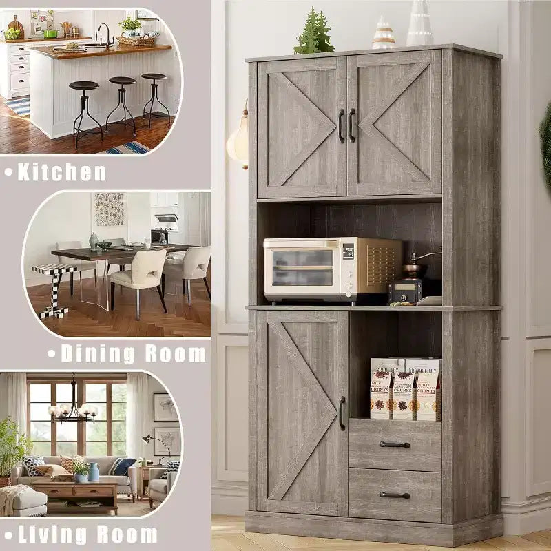 Mobile Dispensa da Cucina Elegante con Supporto per Microonde, Credenza Alta con Cassetti e Ripiani, Soluzione di Archiviazione Perfetta per Sala da Pranzo e Soggiorno
