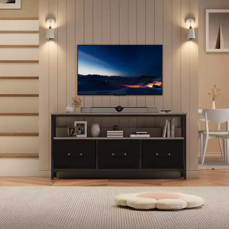 Mobile porta TV nero da 55" con cassetti grigi, mobile da soggiorno/camera da letto in stile cassettiera per riporre gli oggetti