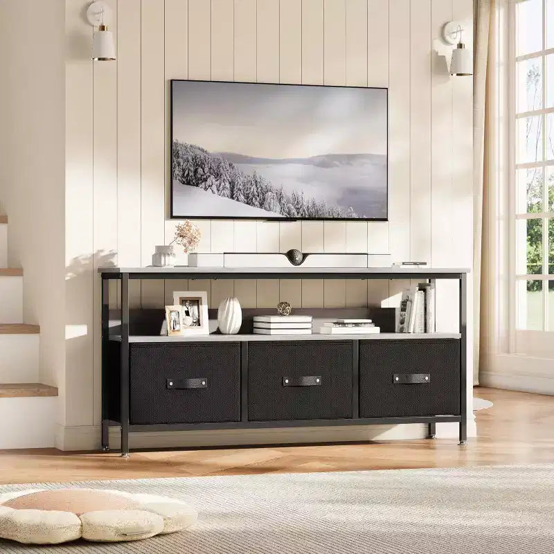 Mobile porta TV nero da 55" con cassetti grigi, mobile da soggiorno/camera da letto in stile cassettiera per riporre gli oggetti