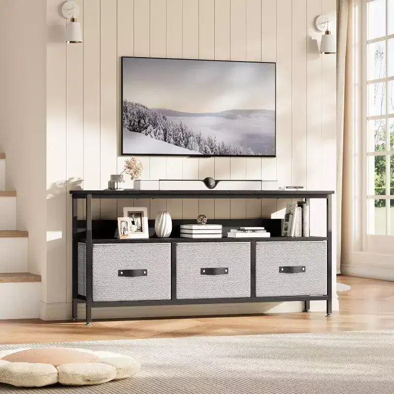 Mobile porta TV nero da 55" con cassetti grigi, mobile da soggiorno/camera da letto in stile cassettiera per riporre gli oggetti