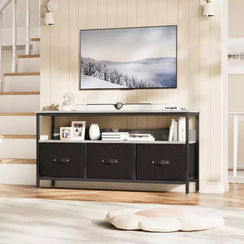 Mobile porta TV nero da 55" con cassetti grigi, mobile da soggiorno/camera da letto in stile cassettiera per riporre gli oggetti