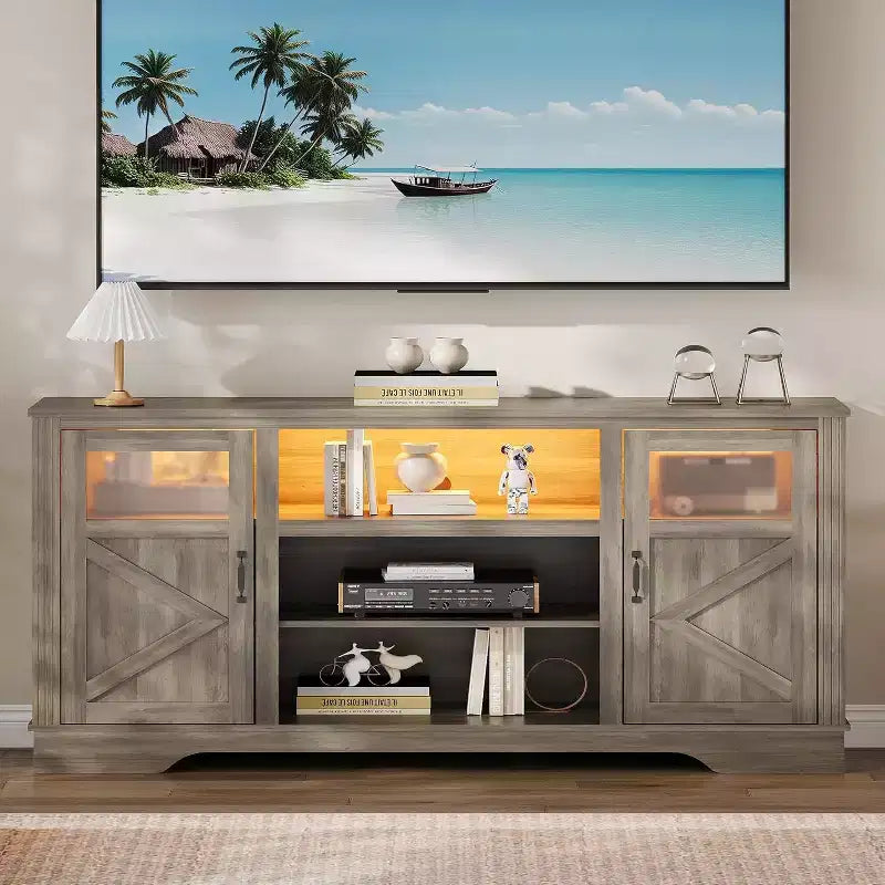 Mobile TV Acekool Farmhouse con luci a LED, Elegante mobile TV per televisori fino a 65 pollici, con armadietti e ripiani aperti