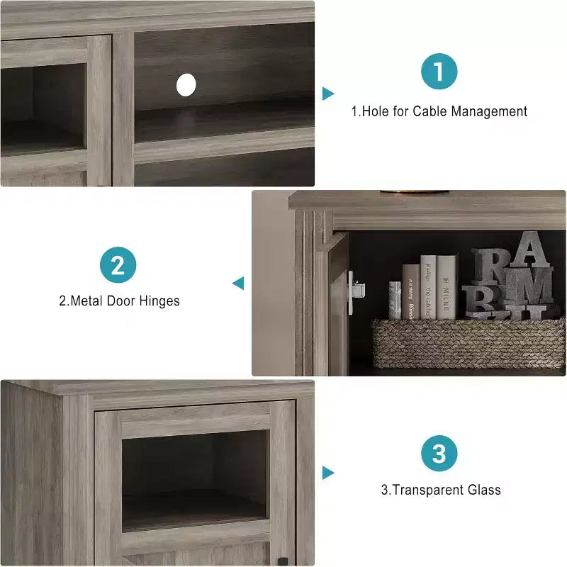 Mobile TV Acekool Farmhouse con luci a LED, Elegante mobile TV per televisori fino a 65 pollici, con armadietti e ripiani aperti