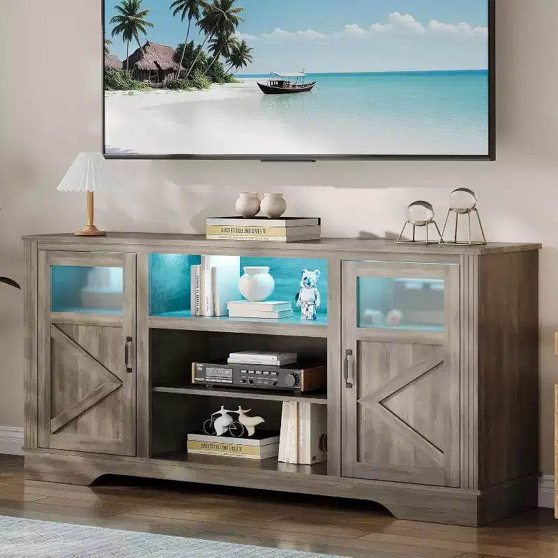 Mobile TV Acekool Farmhouse con luci a LED, Elegante mobile TV per televisori fino a 65 pollici, con armadietti e ripiani aperti