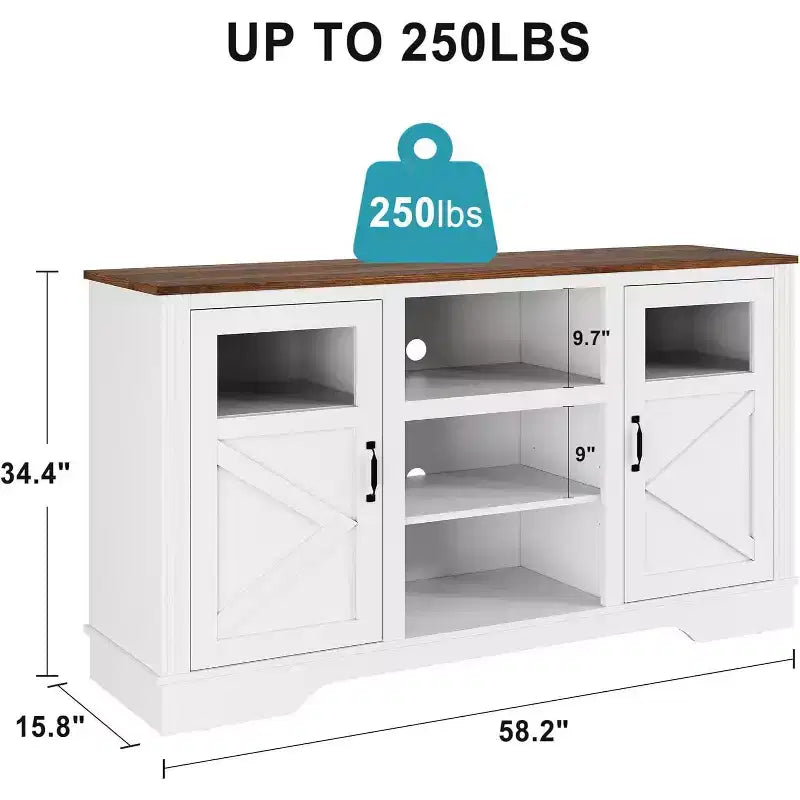 Mobile TV Acekool Farmhouse con luci a LED, Elegante mobile TV per televisori fino a 65 pollici, con armadietti e ripiani aperti
