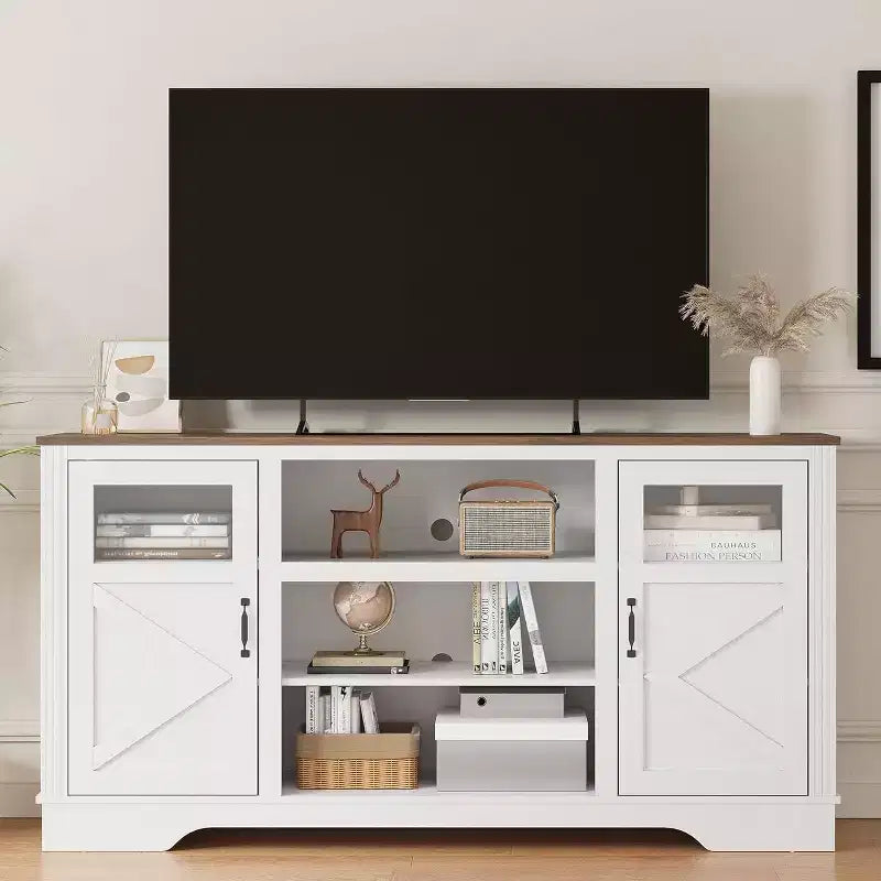 Mobile TV Acekool Farmhouse con luci a LED, Elegante mobile TV per televisori fino a 65 pollici, con armadietti e ripiani aperti