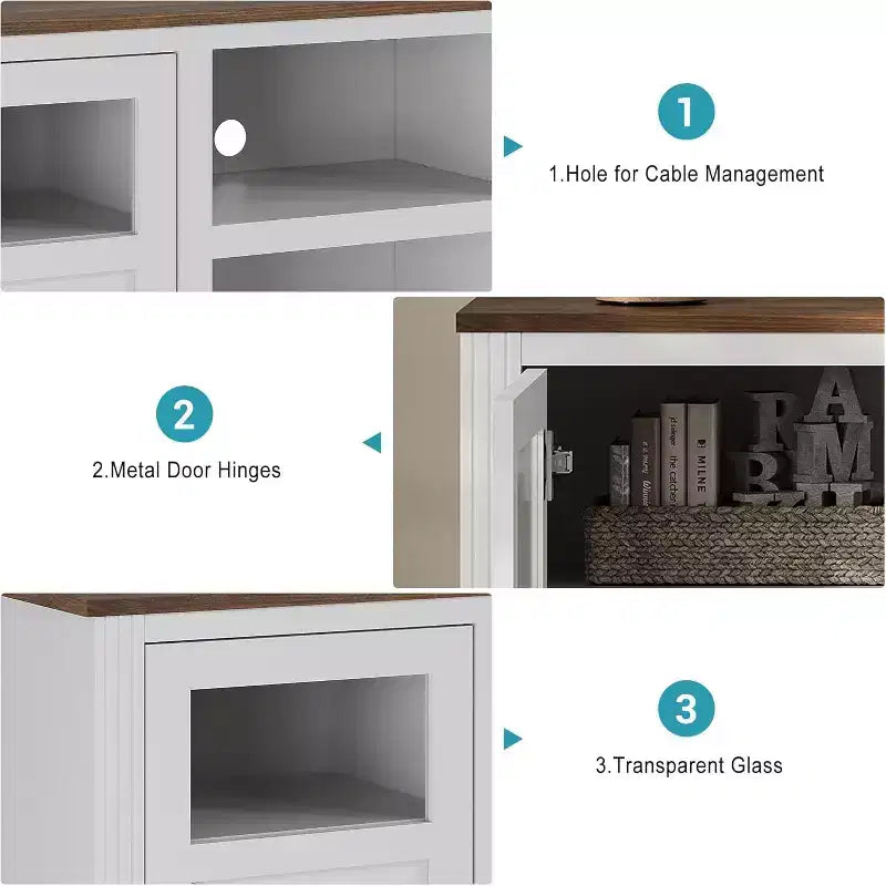 Mobile TV Acekool Farmhouse con luci a LED, Elegante mobile TV per televisori fino a 65 pollici, con armadietti e ripiani aperti