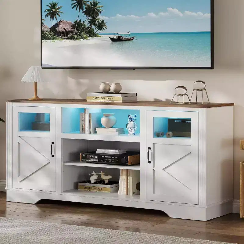 Mobile TV Acekool Farmhouse con luci a LED, Elegante mobile TV per televisori fino a 65 pollici, con armadietti e ripiani aperti